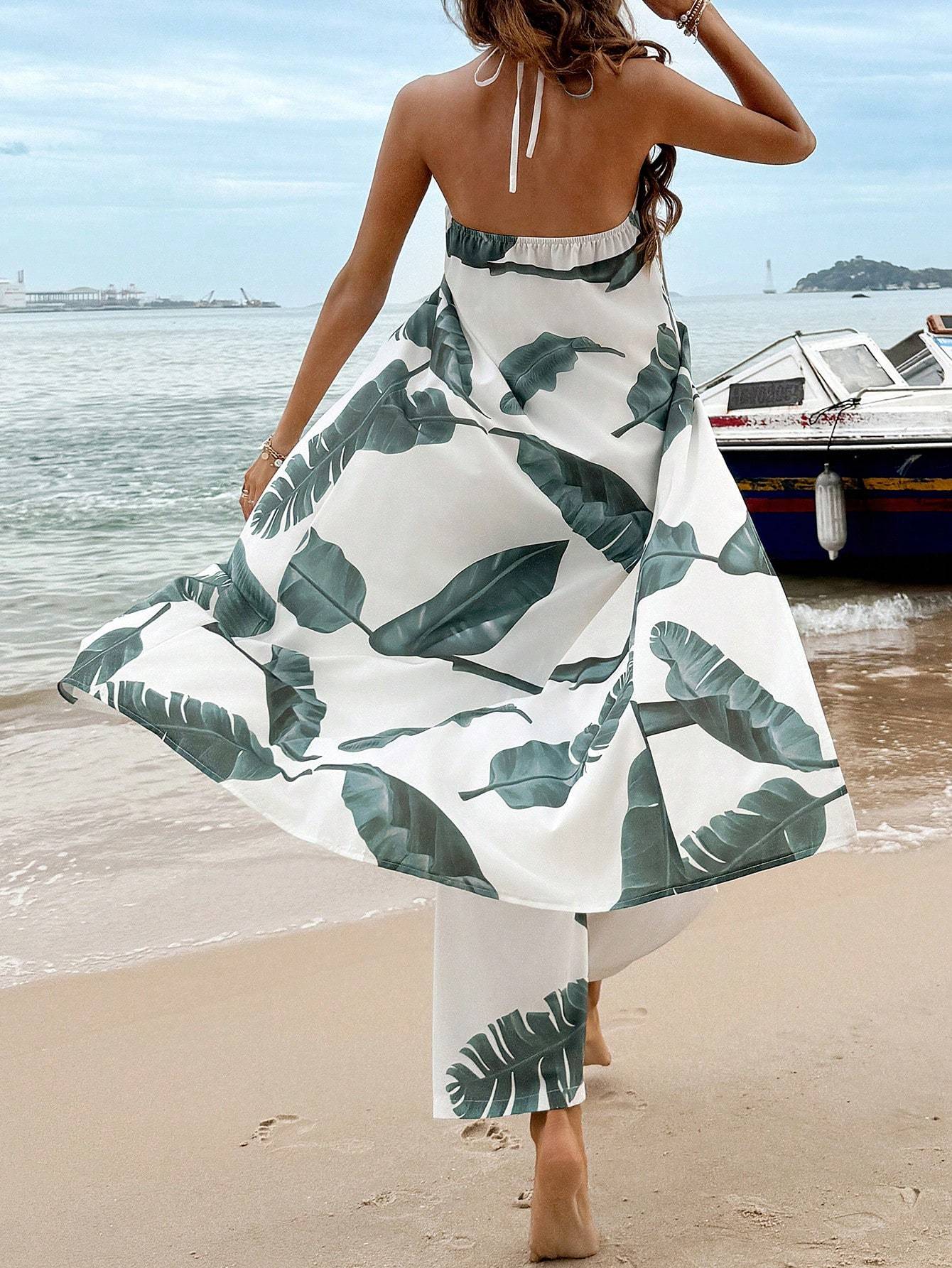 Tropical Oasis: High-Waist Halter Top & Wide-Leg Pants Co-ord Set Feminé Luxé