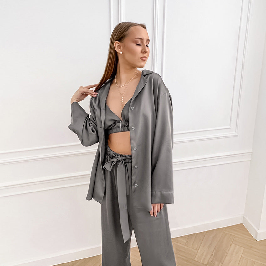 Effortless Silky Satin Pajama Set - Short Sleeve Top & Long Pants Loungewear Feminé Luxé