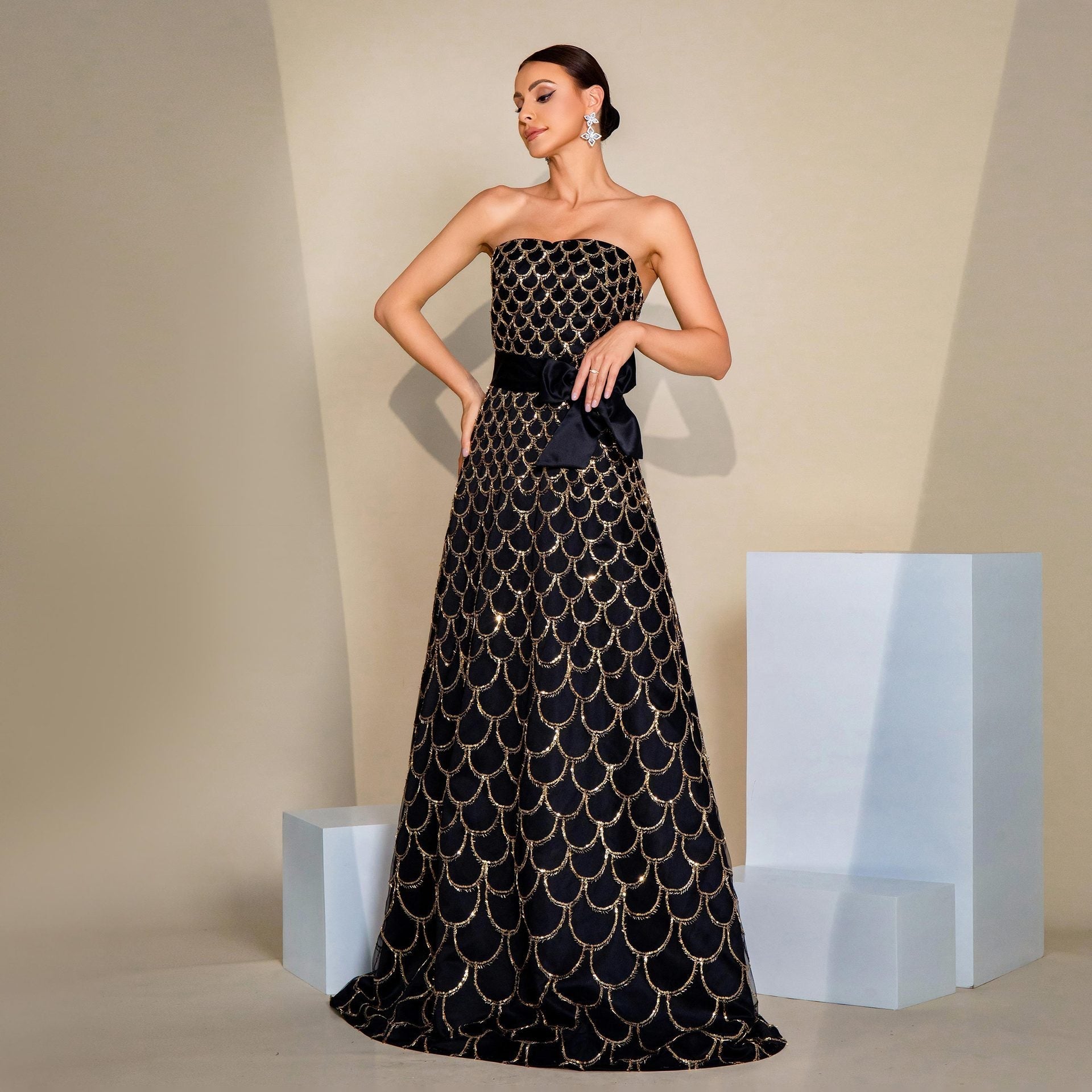 Off-Shoulder Sequined Evening Dress with Bow Waist & Elegant Swing Skirt Feminé Luxé