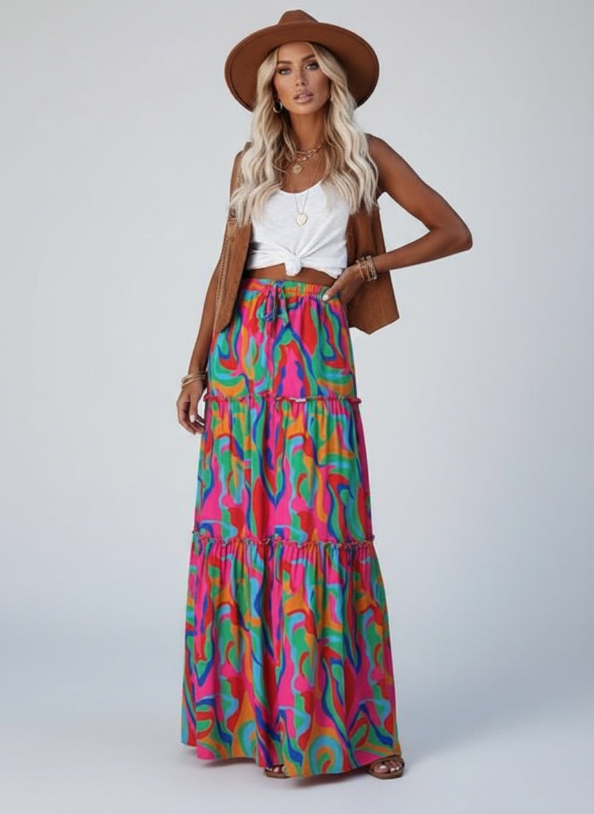 The Bohemian Resort Tiered Maxi Skirt | High-Rise & Hand-Printed Look Feminé Luxé