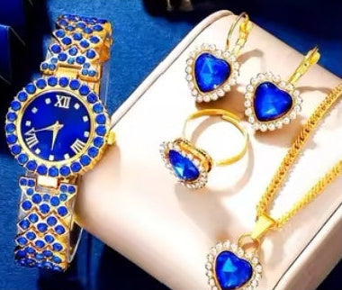 Luxurious 4-Piece Love Heart Crystal Watch & Jewelry Set (Red/Green/Blue) Feminé Luxé
