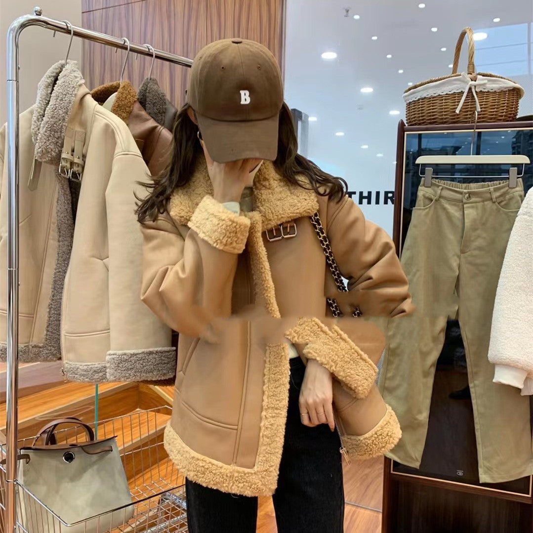 Retro Lamb Fur Integrated Biker Leather Jacket Feminé Luxé