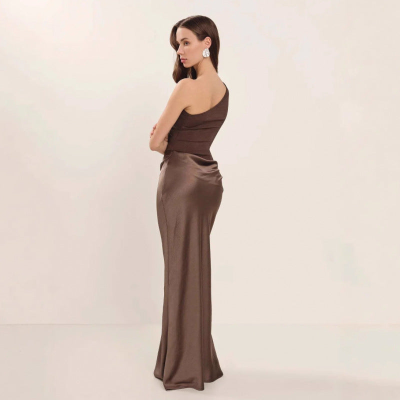 Espresso One-Shoulder Satin Gown Feminé Luxé