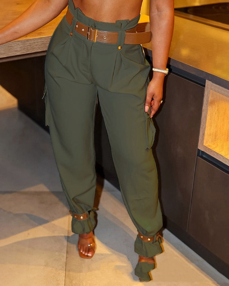 Luxe High-Waist Wide-Leg Cargo Trousers with Contrast Belt Feminé Luxé