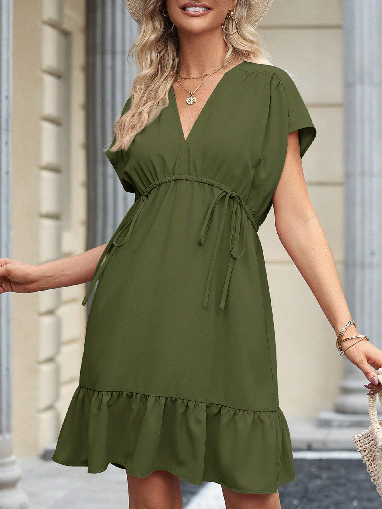 Feminine V-Neck Drawstring Ruffle Hem Tunic Dress Feminé Luxé
