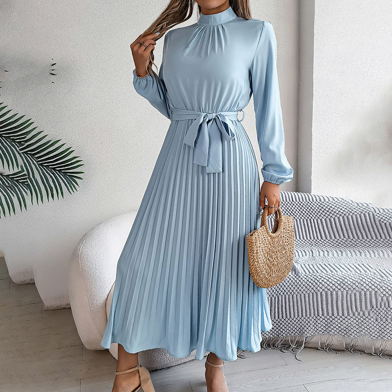 Elegant High Neck Pleated Maxi Dress - Long Sleeve Flowy Evening & Prom Event Gown Feminé Luxé