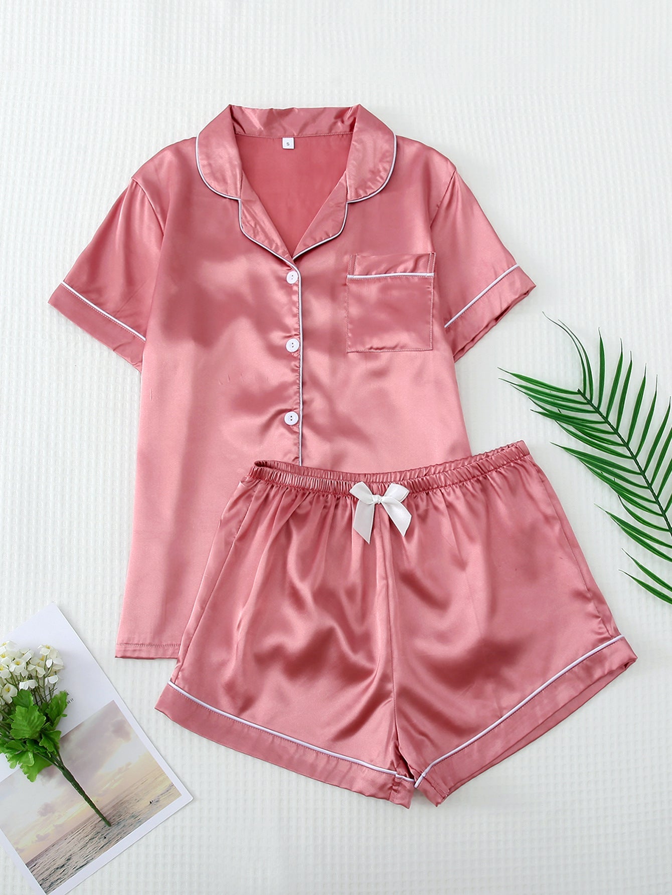 Effortless Silky Satin Pajama Set - Short Sleeve Top & Long Pants Loungewear Feminé Luxé