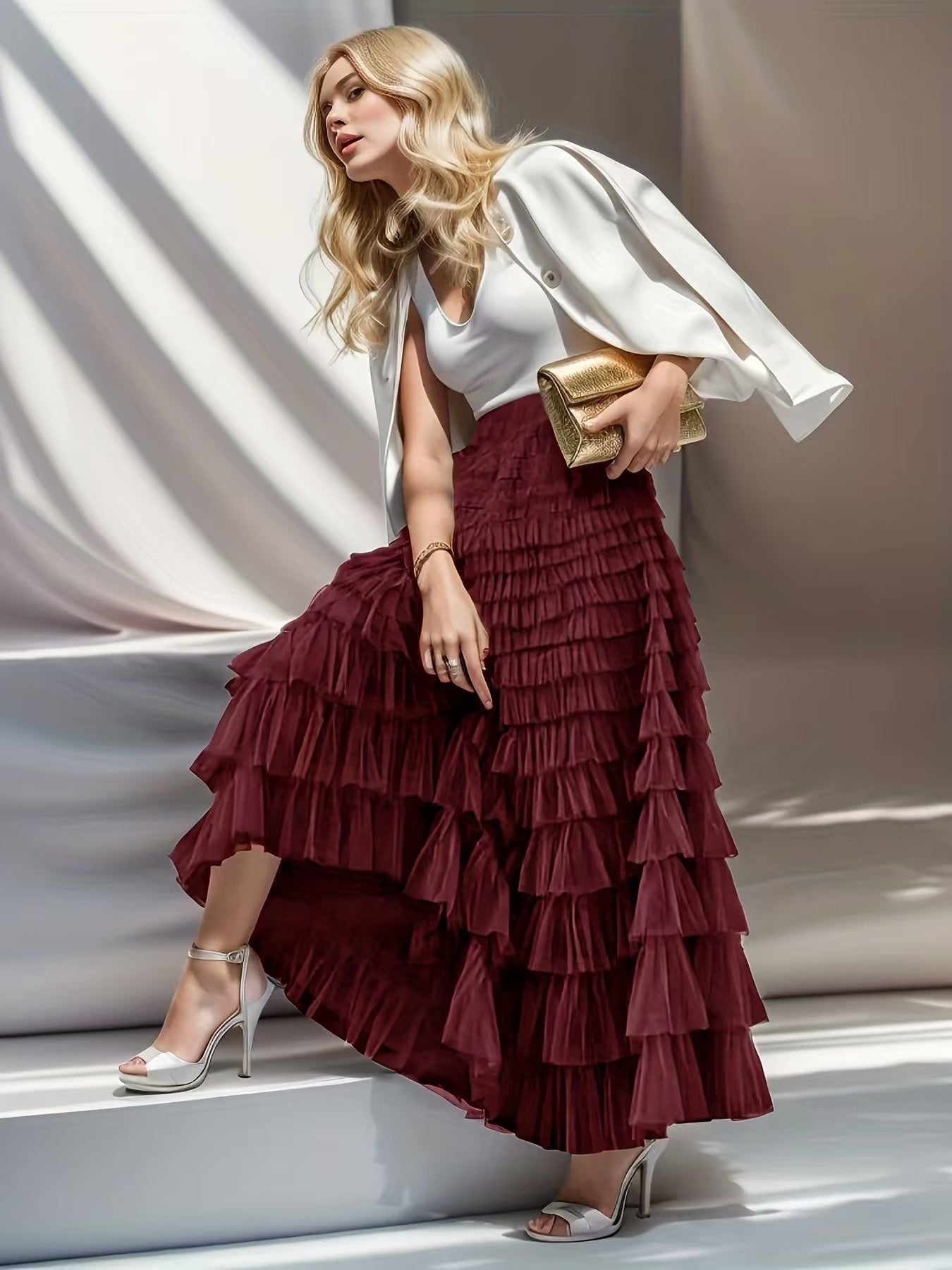 Feminé Luxé Exclusive The Grandeur Tiered Tulle Maxi Skirt for Women | High-Rise & Sculptural Volume Feminé Luxé