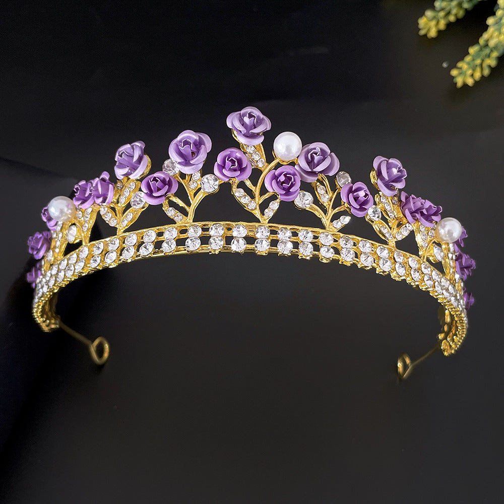 The Royal Majesté Tiara: Regal Violet Rose & White Crystal Crown - Gold Plated Diadem for Bridal & Pageantry Feminé Luxé