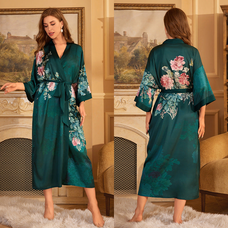 Elegant Printed Satin Maxi Kimono Robe | Luxurious Night Gown Feminé Luxé