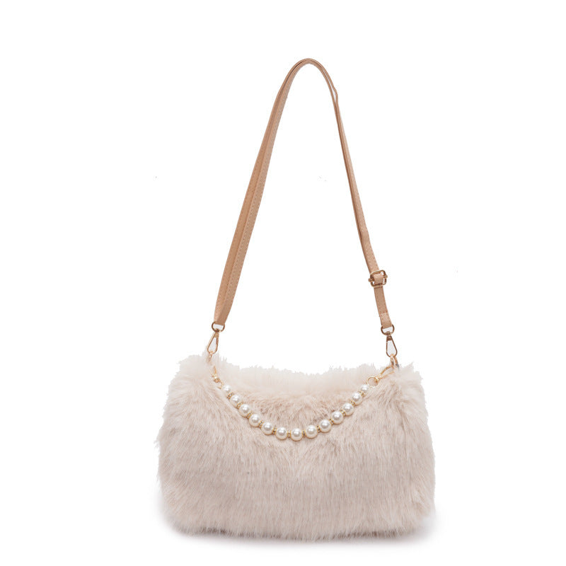 The Étoile Pearl-Chain Plush Crossbody – Luxury Faux Fur Winter Statement Bag Feminé Luxé