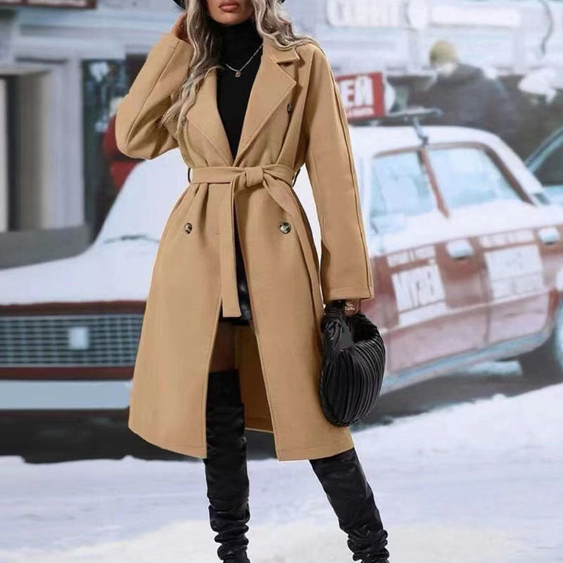 Lapel Double-breasted Trench Coat With Belt Winter Fashion Solid Color Long Jacket Outwear Women Clothing Feminé Luxé