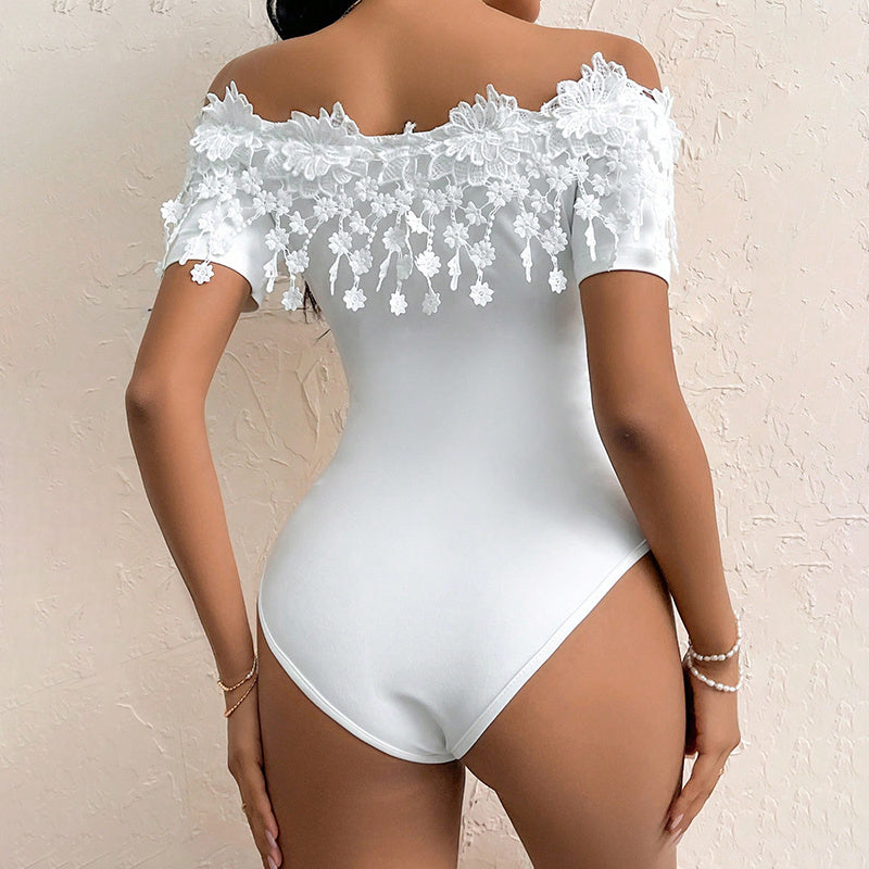 Romantic Off-Shoulder Lace Trim Bodycon Bodysuit Feminé Luxé