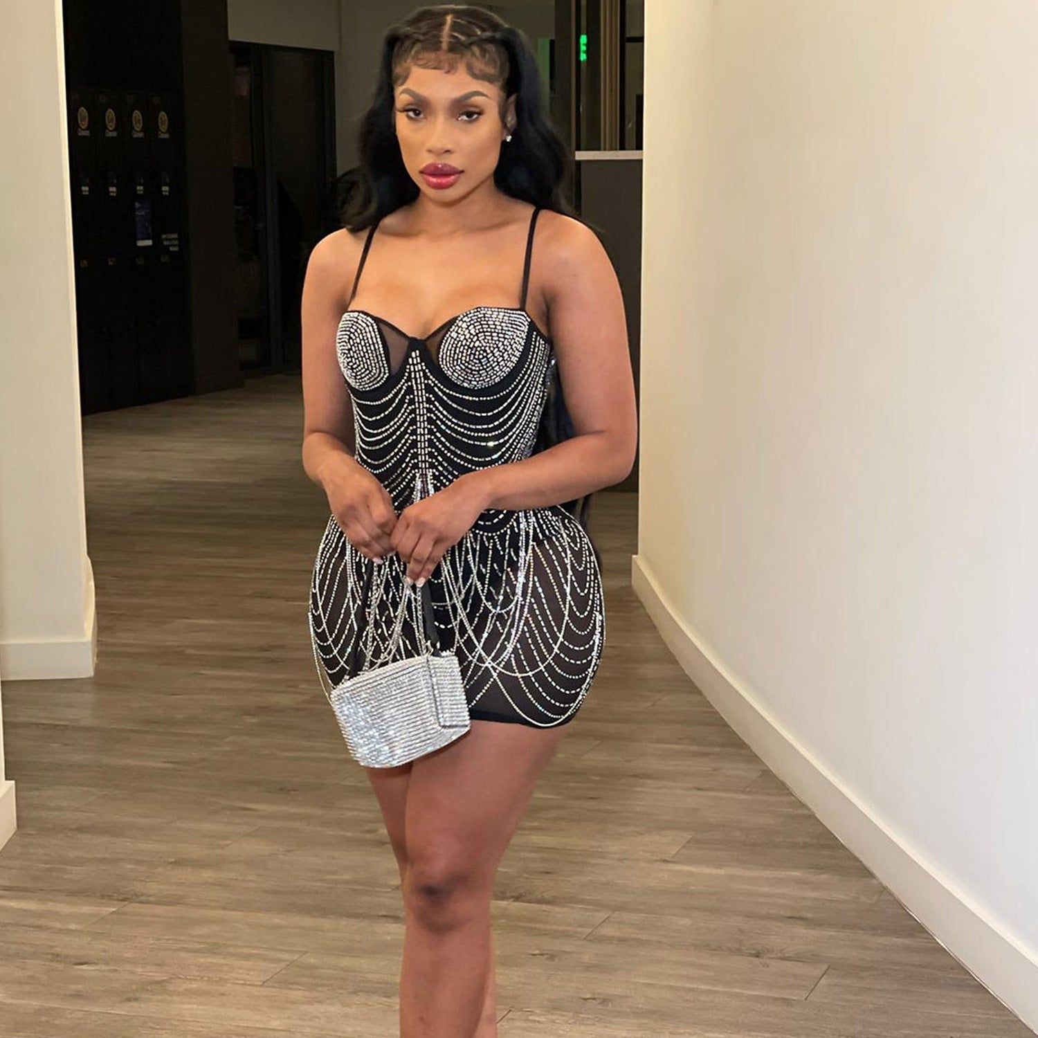 Glamour Crystal Tassel Mini Dress | Bodycon Rhinestone Strappy Party Dress Feminé Luxé