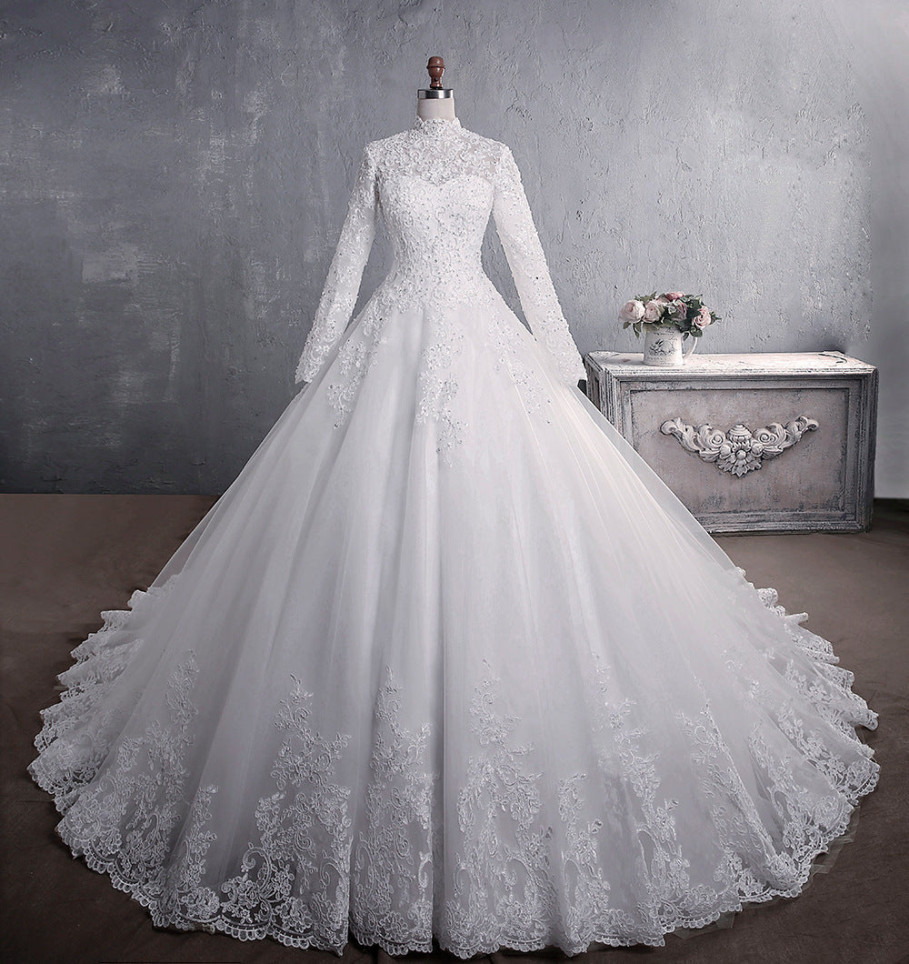 Regal High-Neck Lace Bridal Gown - Timeless Long Sleeve Ballgown with Train Feminé Luxé