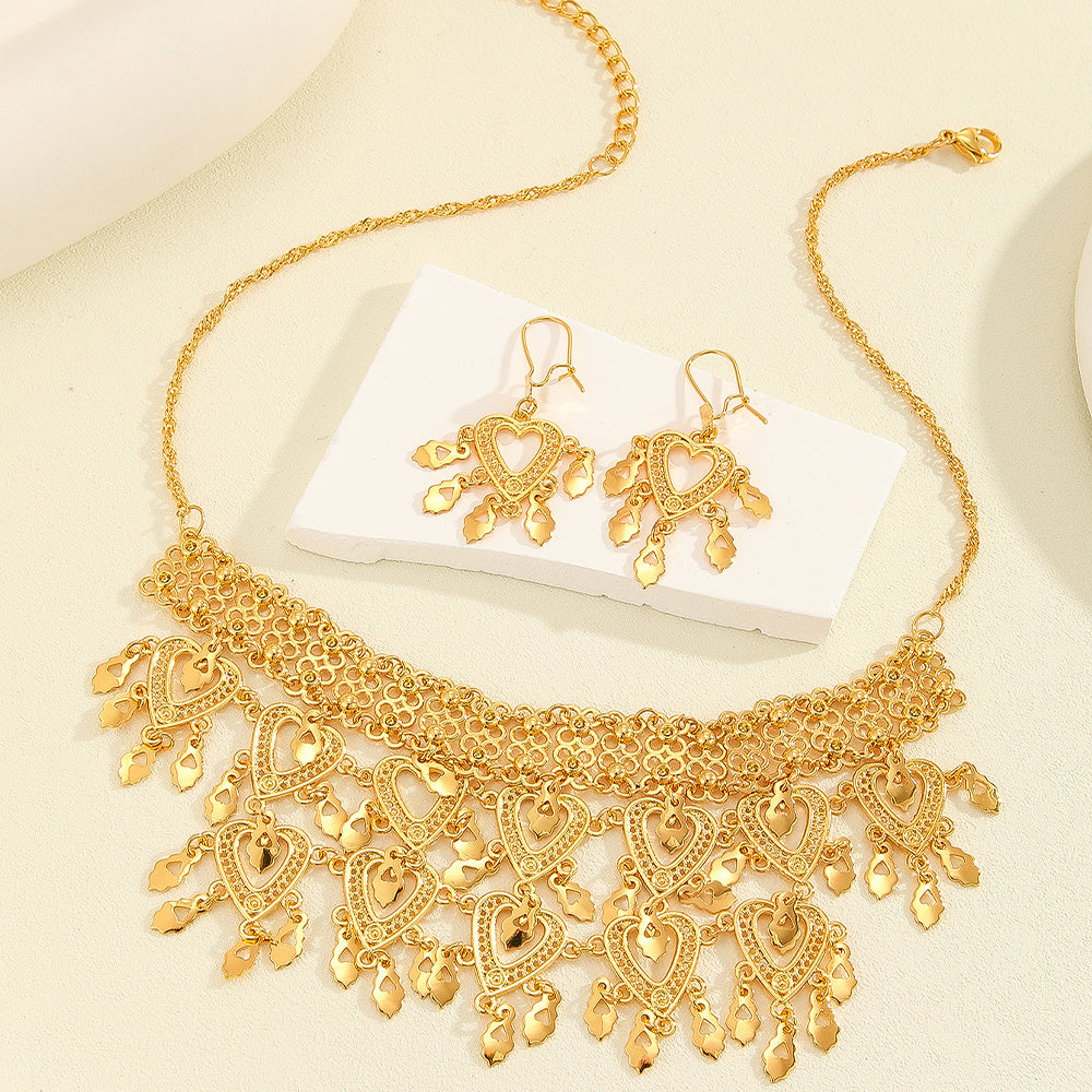 Feminé Luxé Signature: Retro Gold-Toned Grandeur Set: 3-Piece Statement Collar Necklace & Dangle Earrings for Vintage Luxury Feminé Luxé