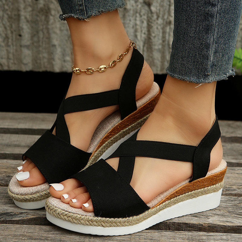 The Rhodes Gladiator Wedge: Cross-Strap Platform Canvas Heel Feminé Luxé