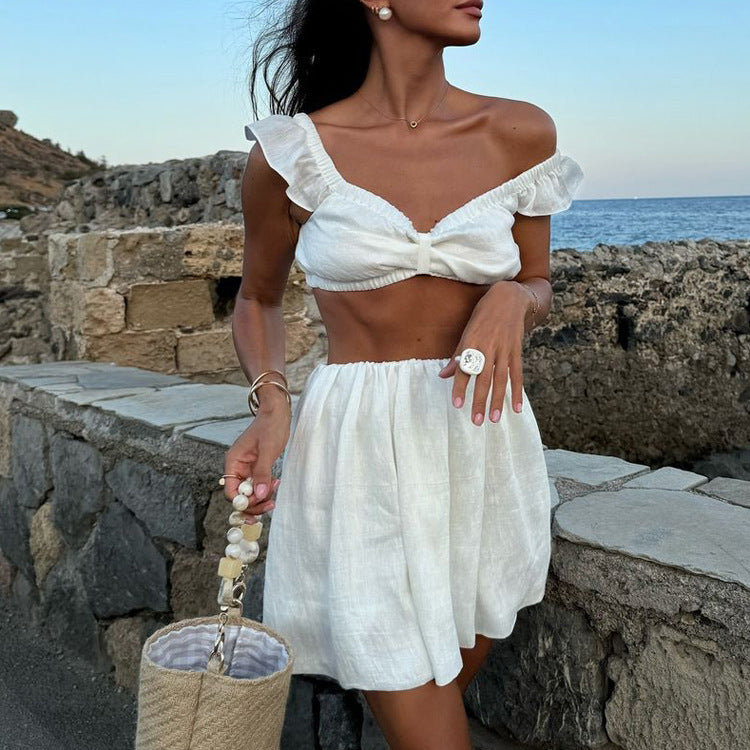 Off-Shoulder Bow-Tie Crop Top & High-Waist Flowy Mini Skirt Set – Summer Vacation Chic Feminé Luxé