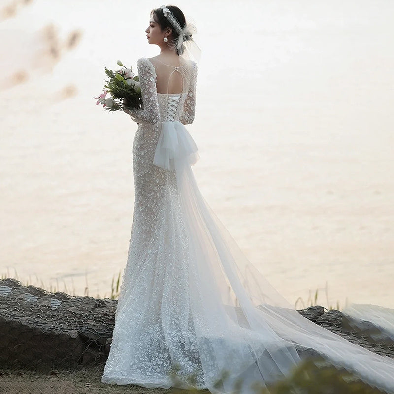 French Style Lace Fishtail Wedding Dress with Long Sleeves Feminé Luxé