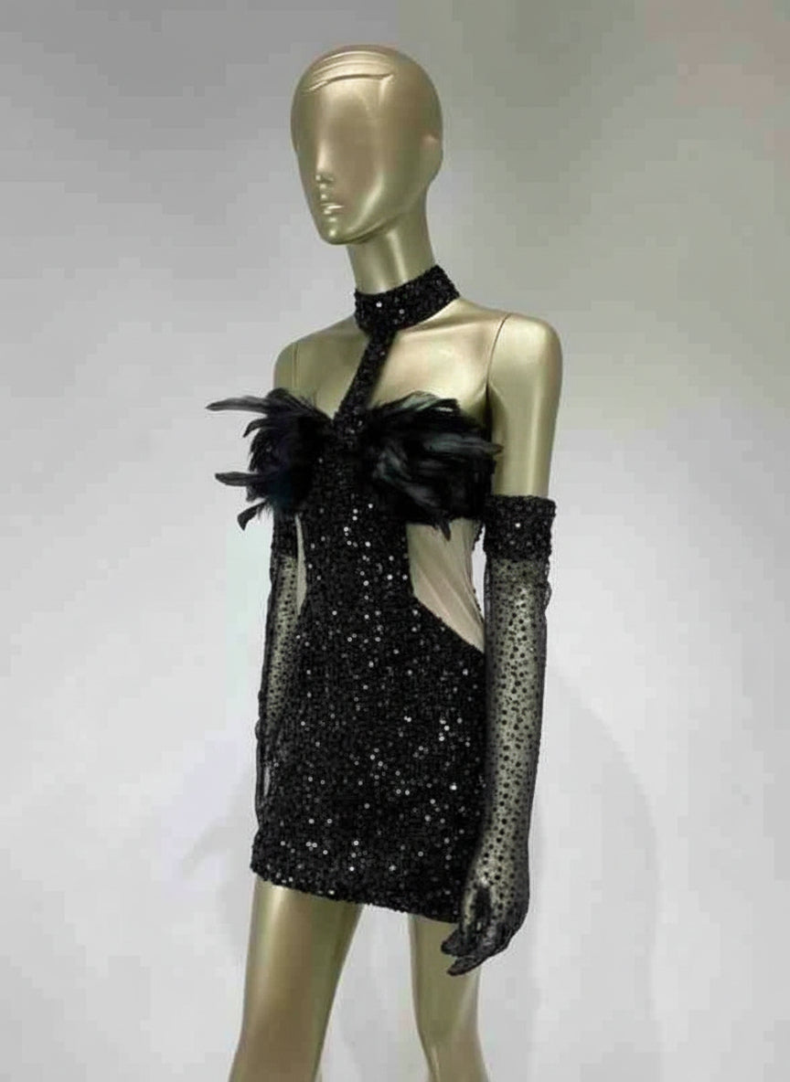 Luxury Black Feather Sequin Halter Mini Dress with Gloves Feminé Luxé
