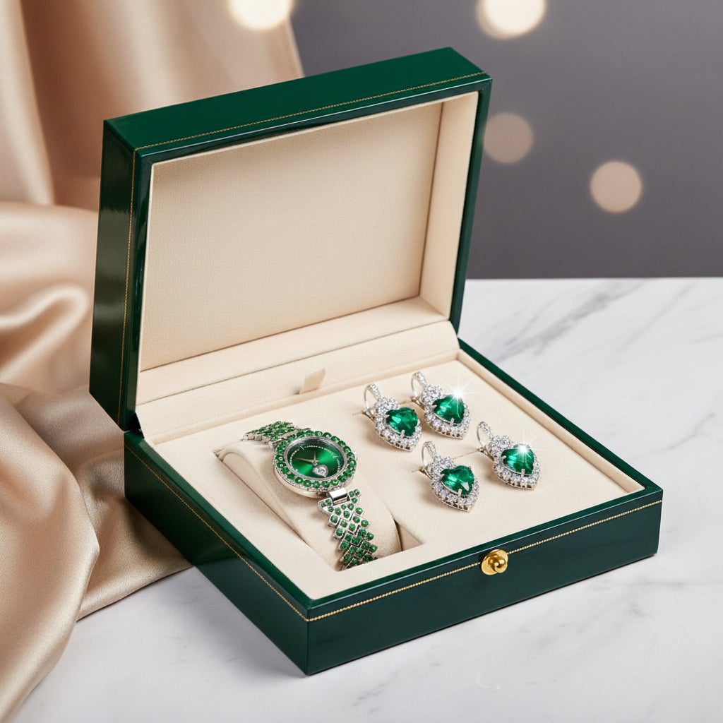 Luxurious 4-Piece Love Heart Crystal Watch & Jewelry Set (Red/Green/Blue) Feminé Luxé