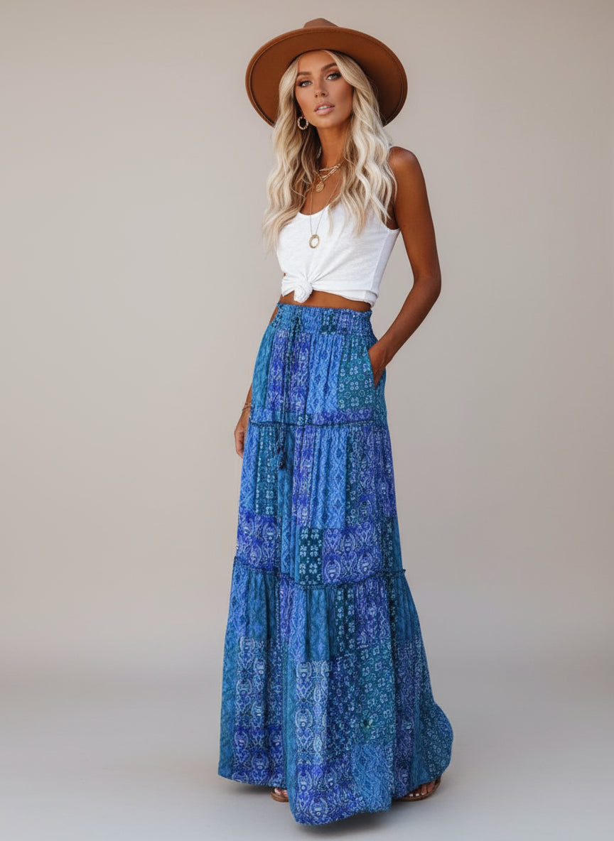 The Bohemian Resort Tiered Maxi Skirt | High-Rise & Hand-Printed Look Feminé Luxé