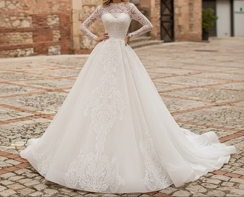 Exquisite Long Sleeve Lace Wedding Dress – Ivory Ball Gown Feminé Luxé