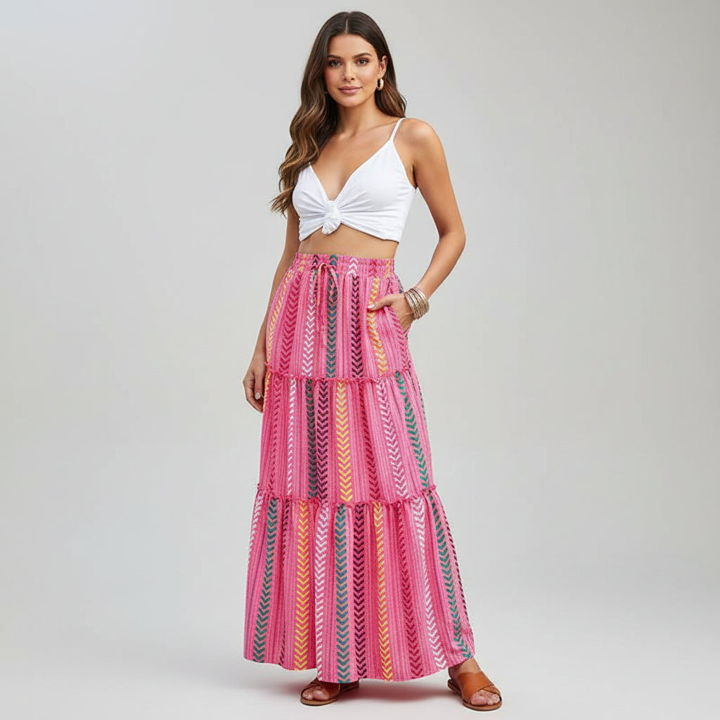The Bohemian Resort Tiered Maxi Skirt | High-Rise & Hand-Printed Look Feminé Luxé