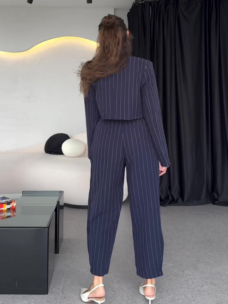 Striped 3-Piece Set: Cropped Blazer, Vest & High-Waisted Pant Feminé Luxé