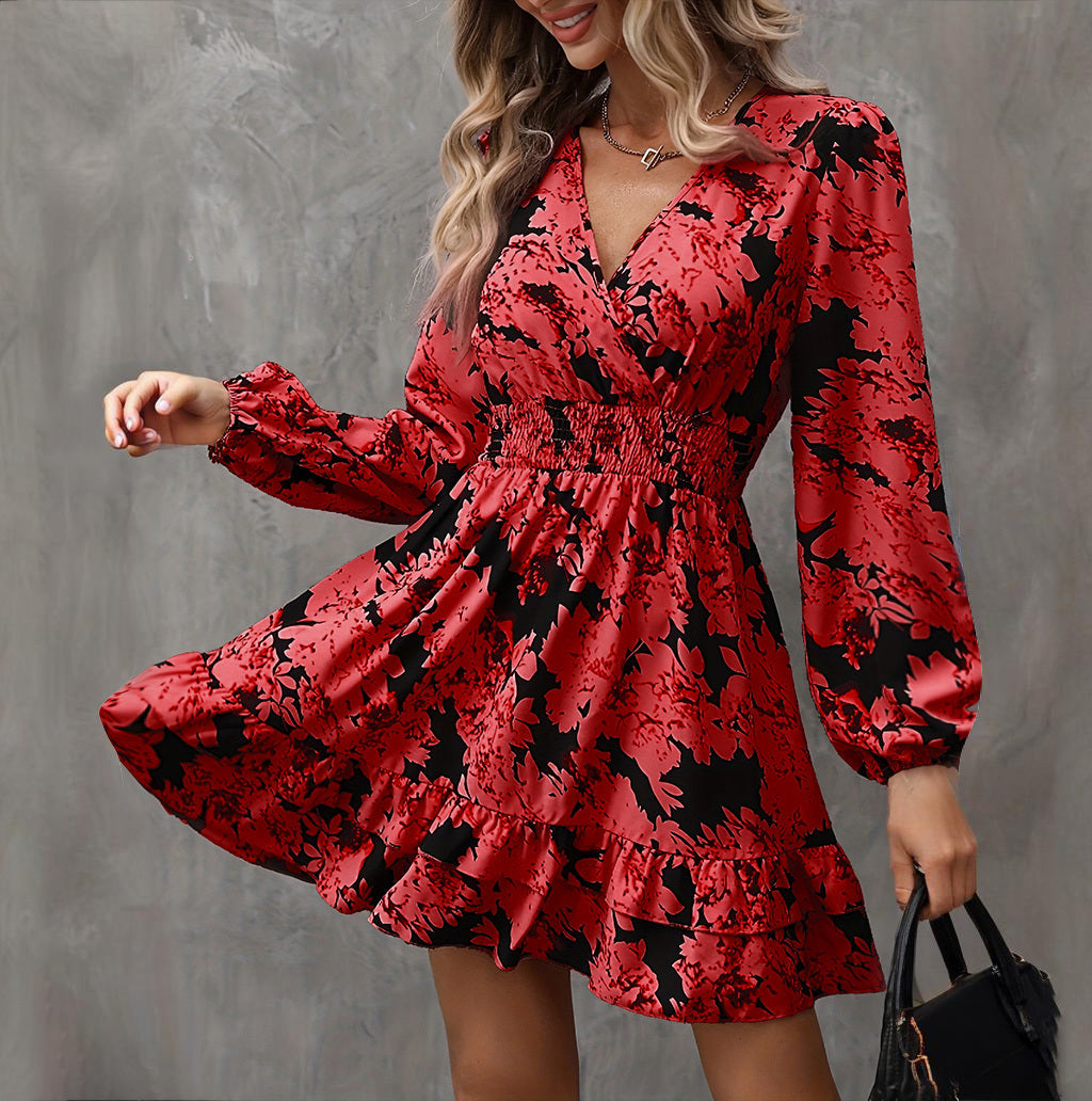 Bohemian Floral Printed V-Neck Mini Dress - Flowy Lantern Sleeve Ruffled Casual Dress Feminé Luxé