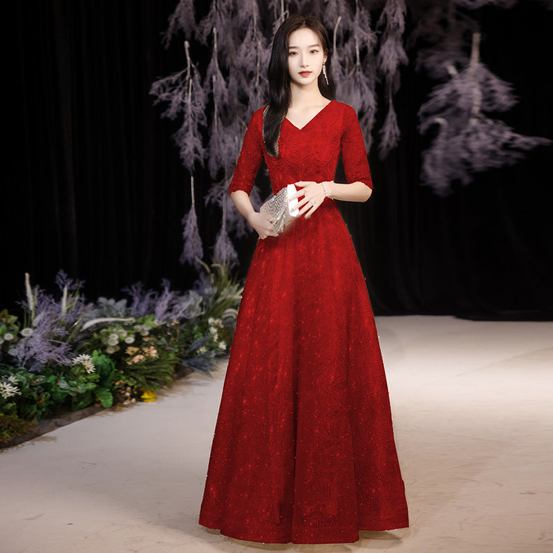 Elegant Red Lace Evening Gown with V-Neck & Half Sleeves Feminé Luxé