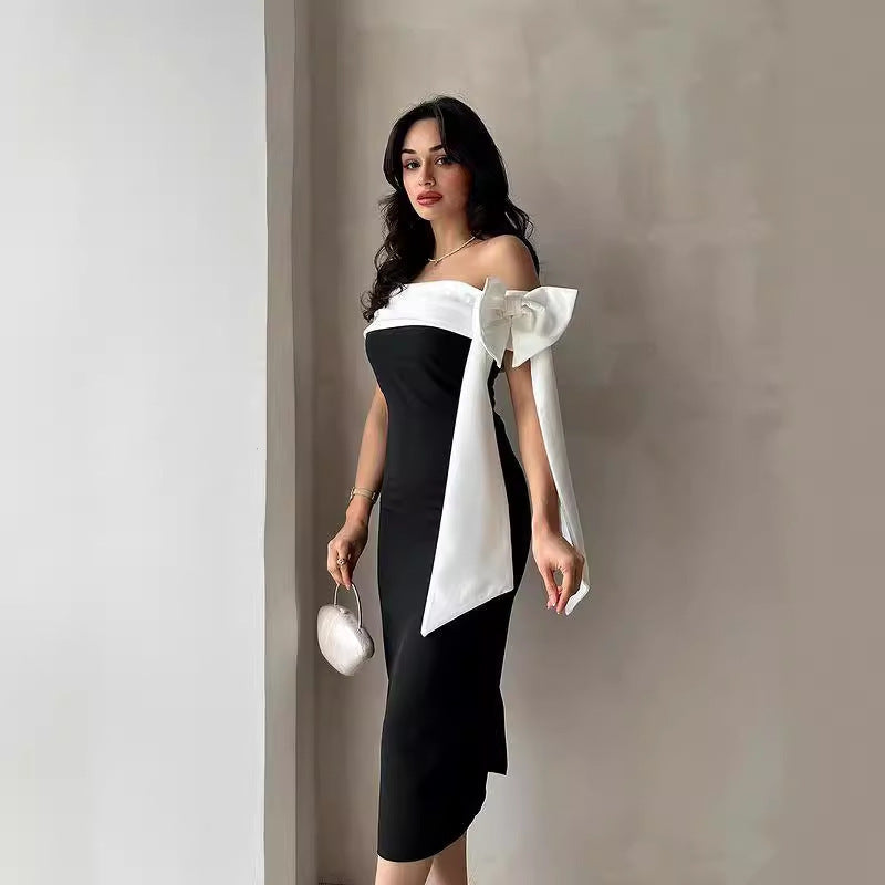 Elegant Off-Shoulder Black & White Bow Dress Feminé Luxé