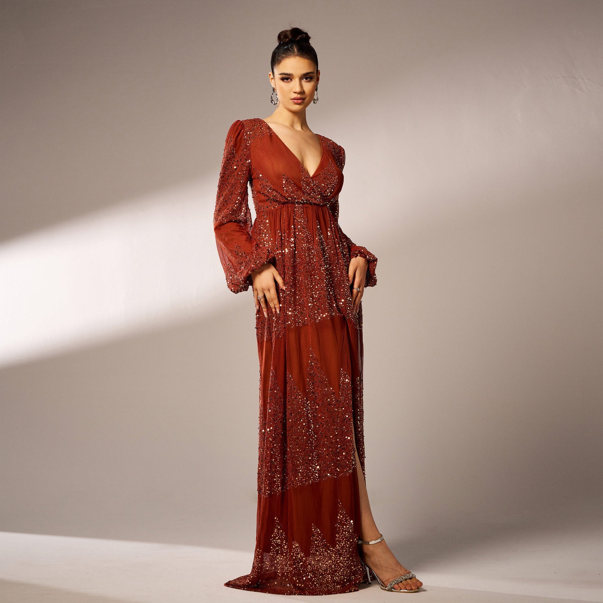 Long Sleeve V-Neck Sequined Evening Dress – Elegant Slit Design Feminé Luxé