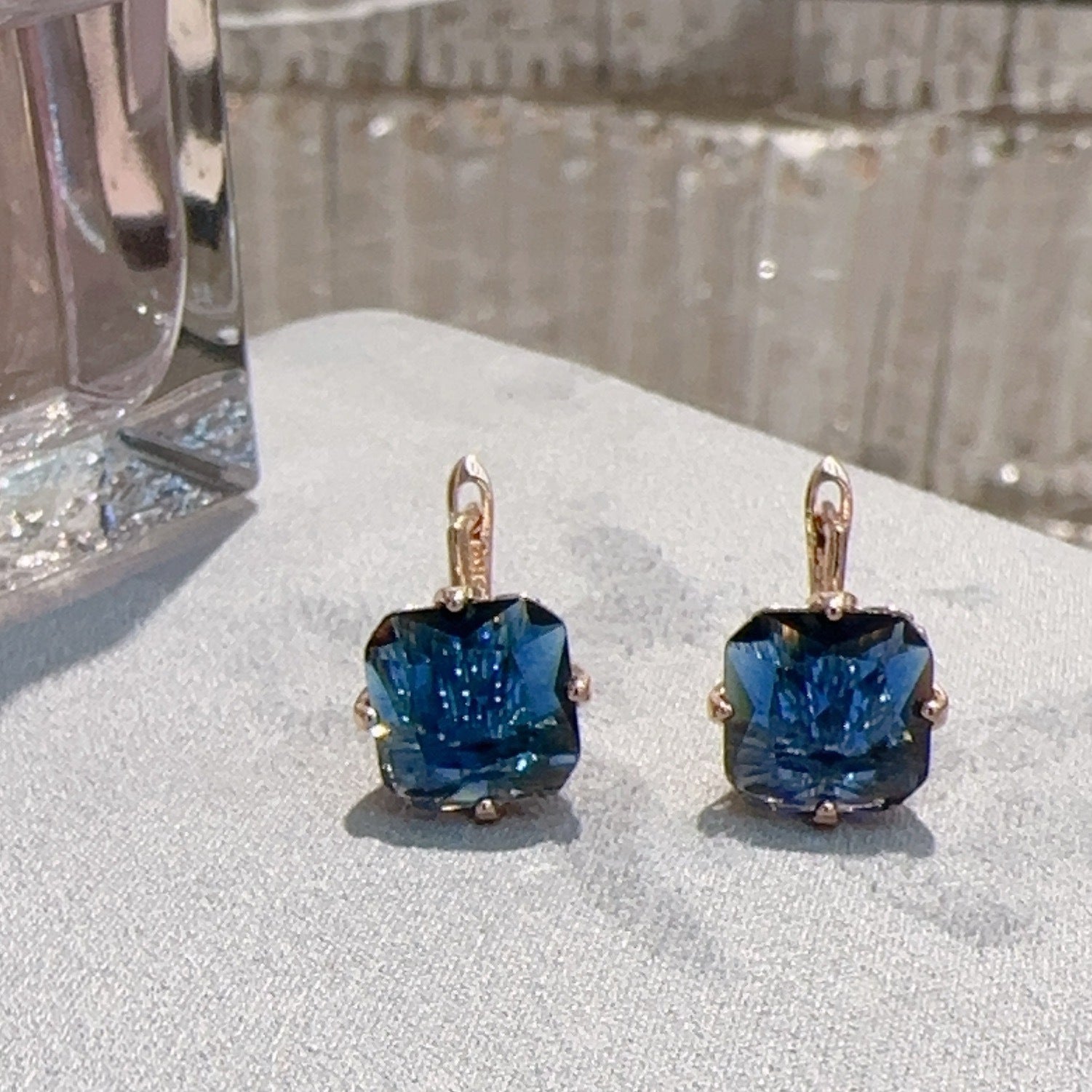 Regal Sapphire Blue Square Crystal Pendant Necklace & Dangle Earrings Set Feminé Luxé