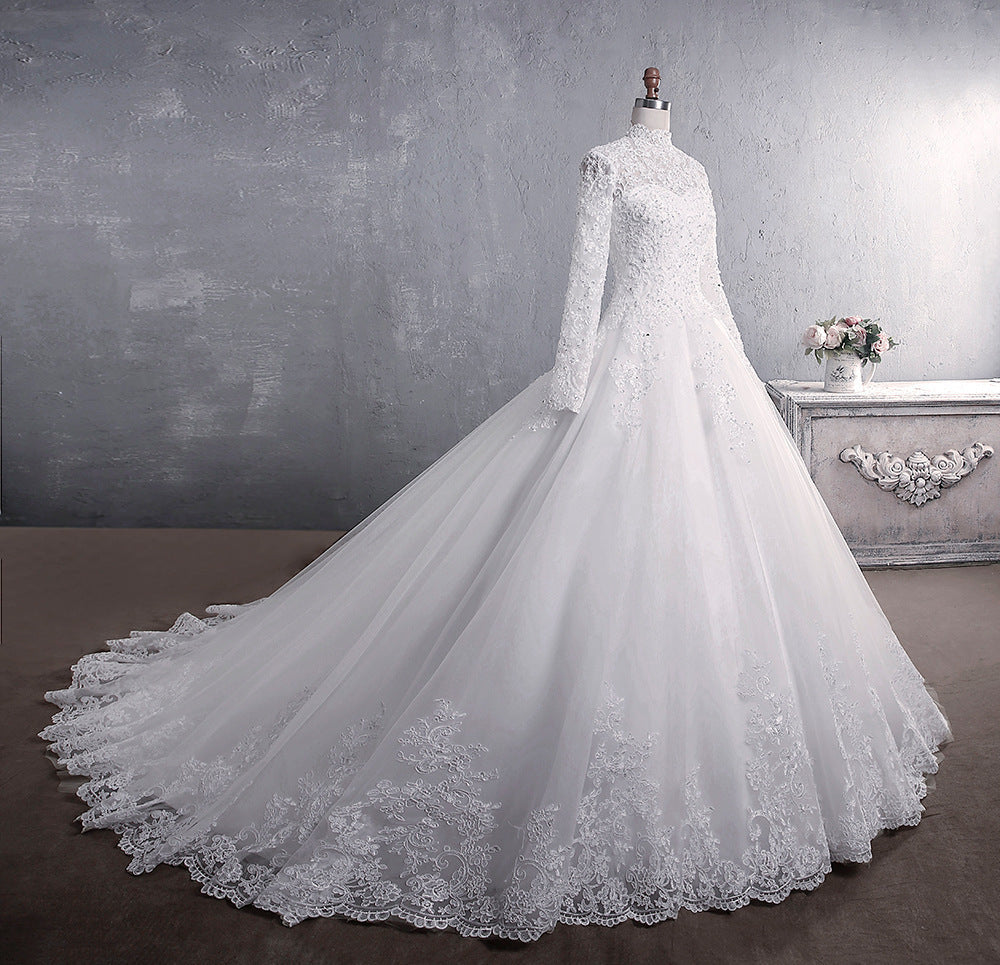 Regal High-Neck Lace Bridal Gown - Timeless Long Sleeve Ballgown with Train Feminé Luxé