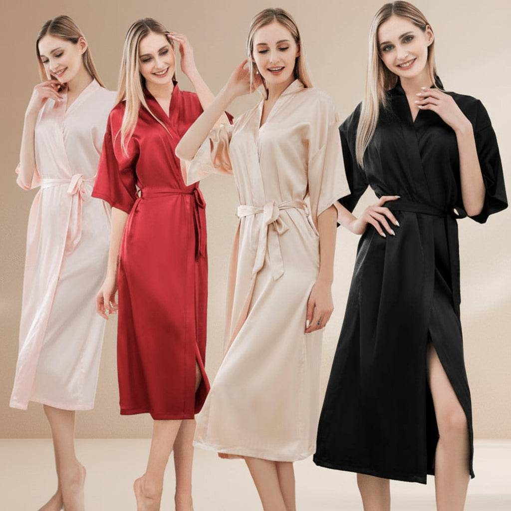 The Elegant Long Satin Kimono Robe – Bridal & Luxe Loungewear Feminé Luxé