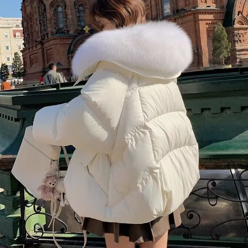 Chic Down Cotton-Padded Short Winter Coat with Faux Fur Collar Feminé Luxé