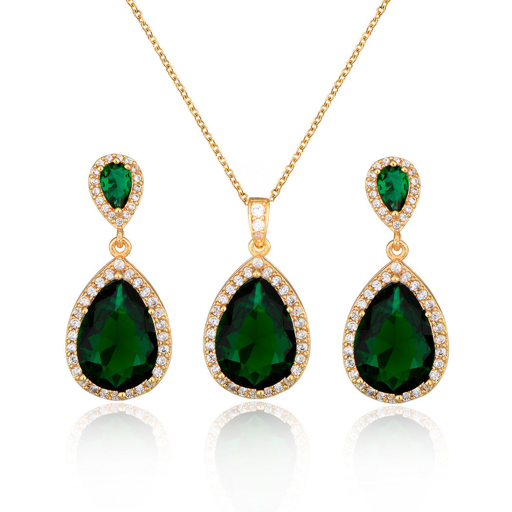 Vibrant Teardrop Zircon Bridal Set: Diamond-Treated Necklace & Earrings in 14K Gold/Platinum Plating for Bold Elegance Feminé Luxé