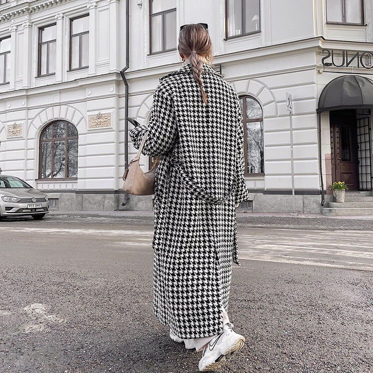 The Grande Dame Coat: Maxi Houndstooth Wool Blend Trench Feminé Luxé