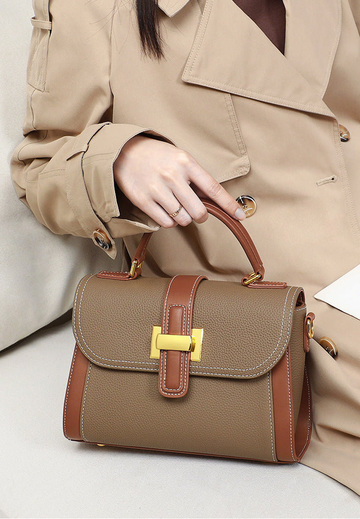 Light Luxury Genuine Leather Top-Handle Bag – Sophisticated Contrast-Color Satchel Feminé Luxé