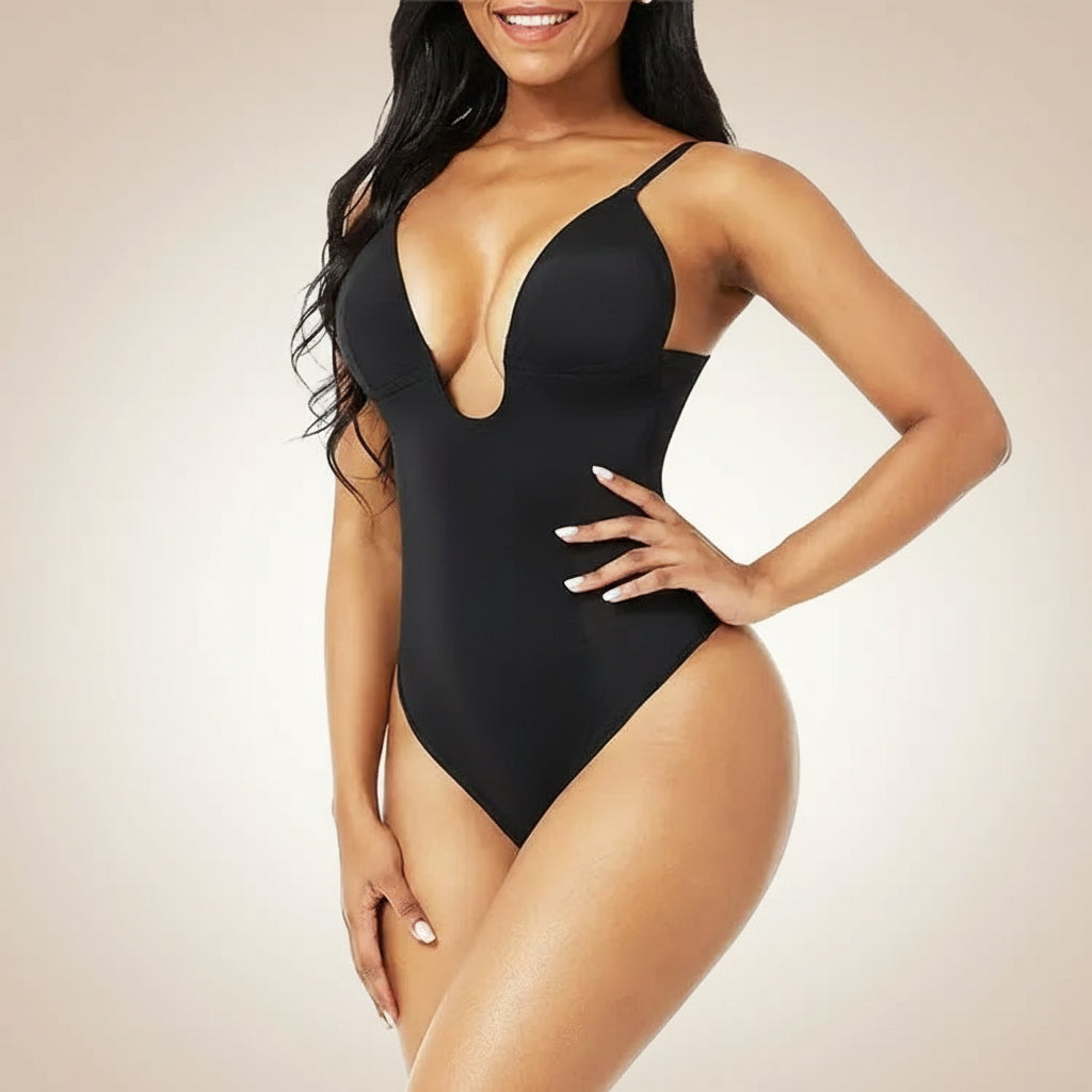Deep V-Neck Full Body Shaping Corset Bodysuit - Open Back Tummy Control Top Feminé Luxé