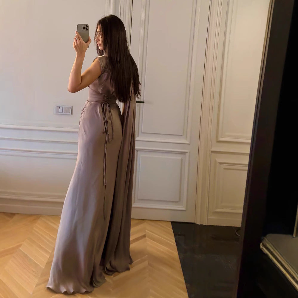 Pleated Ribbon Satin Evening Maxi Dress – Elegant One-Shoulder Gown Feminé Luxé