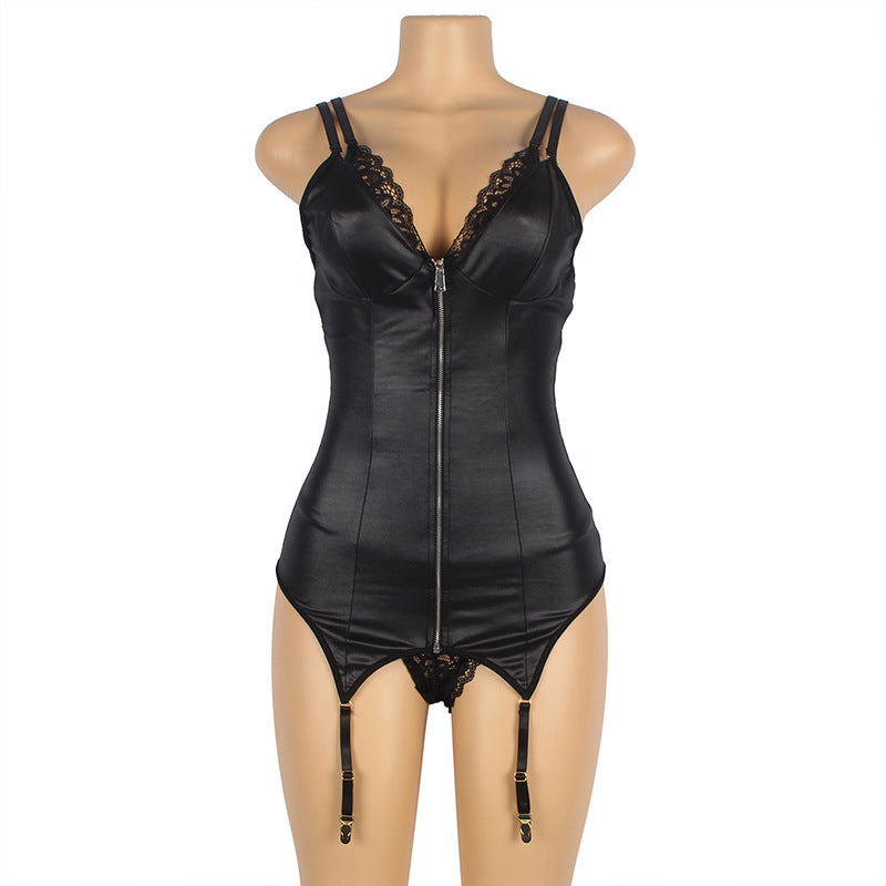 Large Size Black Zipper Bodysuit with Garter Straps Feminé Luxé