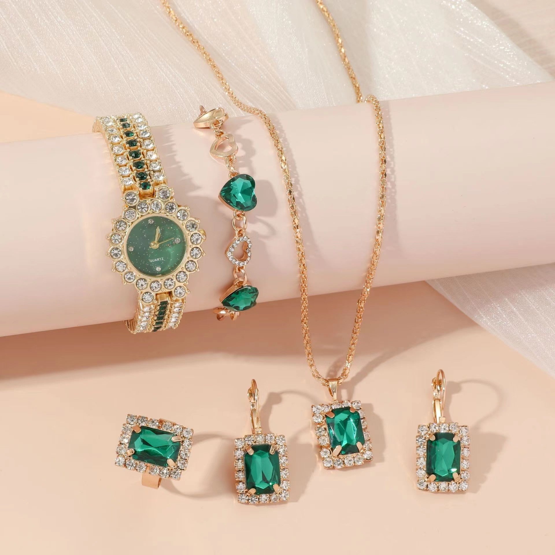 5-Piece Emerald Green Quartz Watch & Full Accessory Gift Set Feminé Luxé