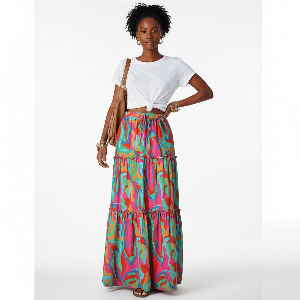 The Bohemian Resort Tiered Maxi Skirt | High-Rise & Hand-Printed Look Feminé Luxé