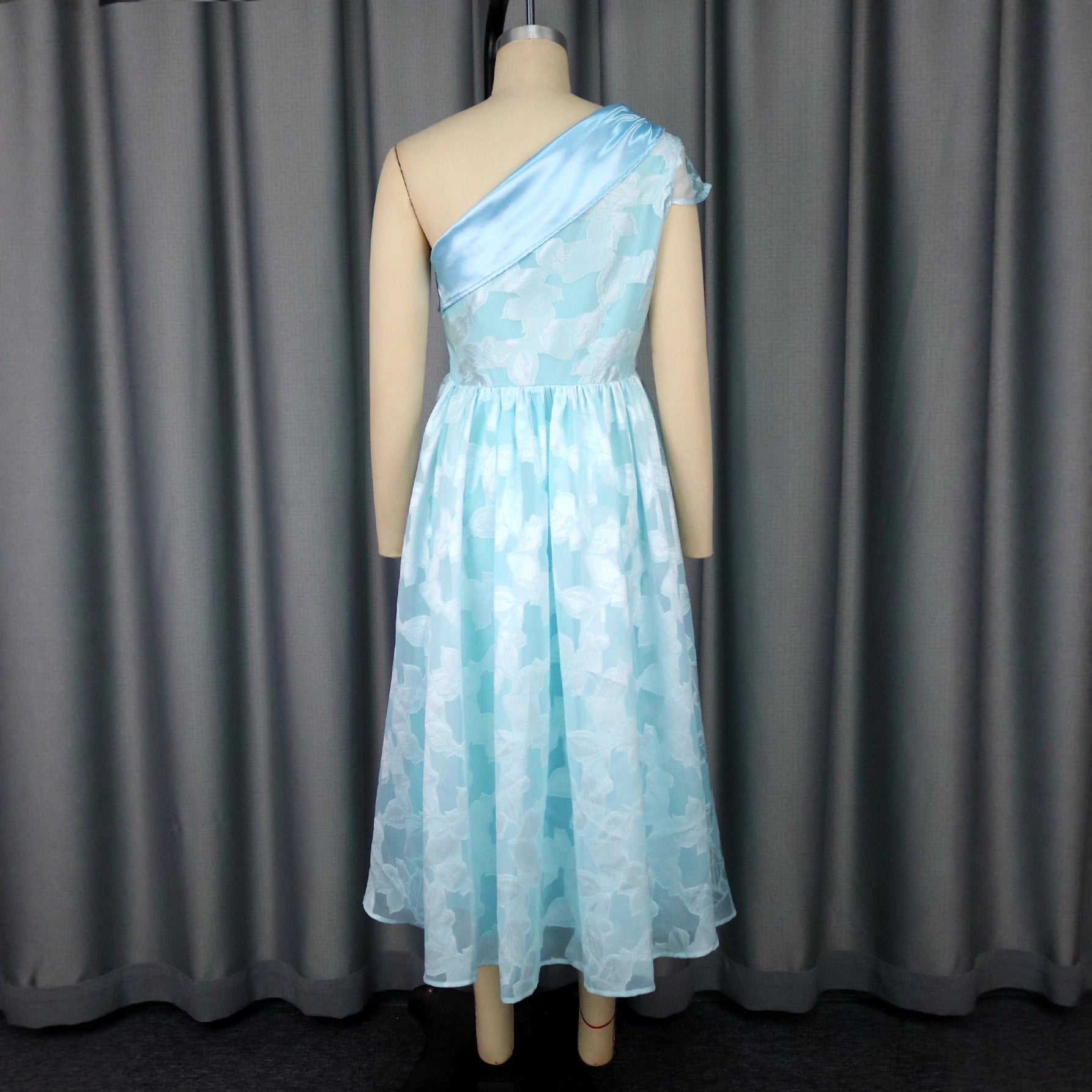 One-Shoulder Jacquard Contrast Evening Dress – Elegant Midi Banquet Gown Feminé Luxé