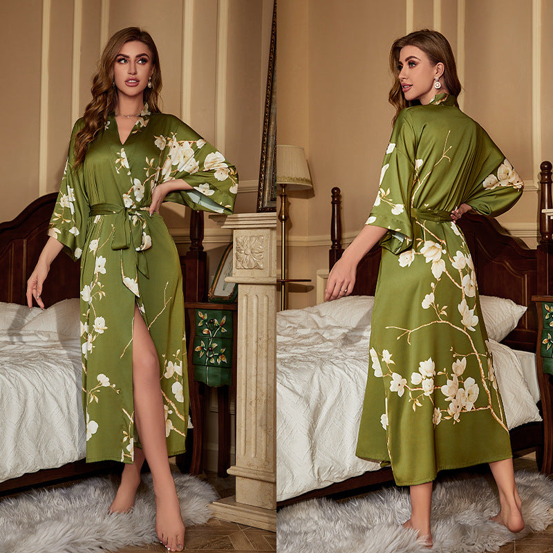Elegant Printed Satin Maxi Kimono Robe | Luxurious Night Gown Feminé Luxé