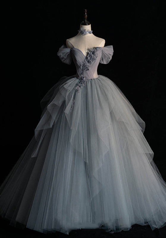 Elegant Off-Shoulder Gray Tulle Princess Ball Gown Feminé Luxé