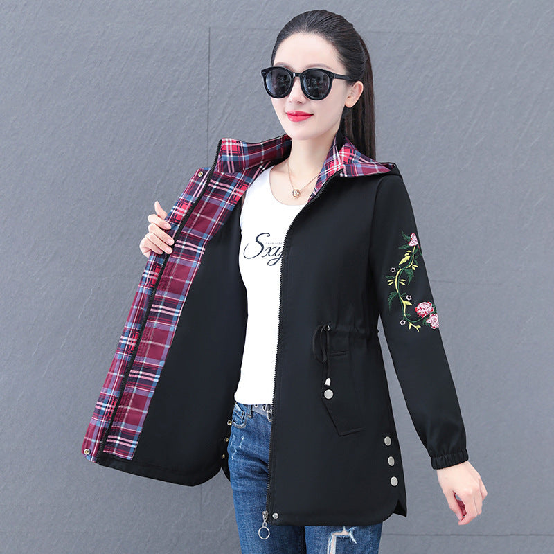 The Crimson Versa Trench: Embroidered Mid-Length Coat with Detachable Hood Feminé Luxé