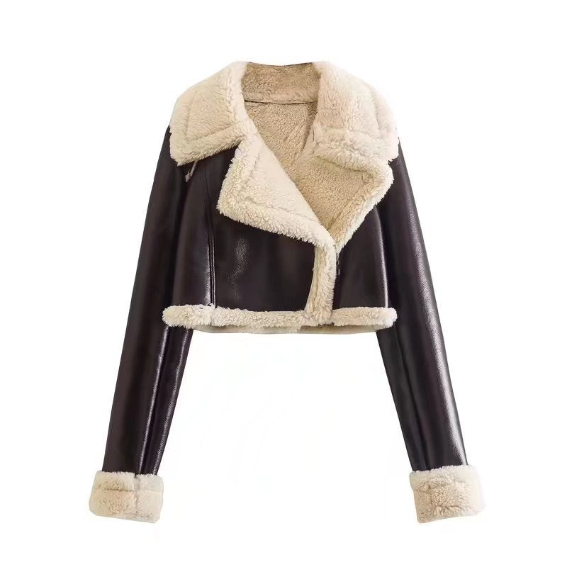 Chic Shearling Trim Vegan Leather Moto Jacket Feminé Luxé